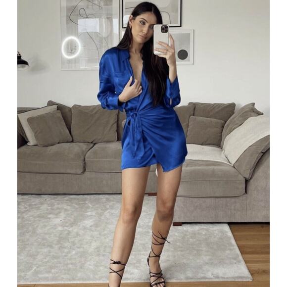 ZARA Satin Effect Wrap Dress Royal Blue {F41} - Picture 7 of 10